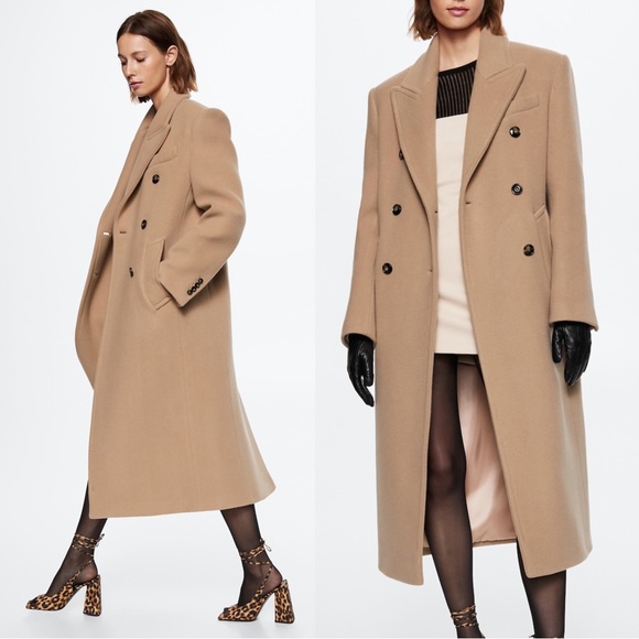 MANGO NWOT Neutral Camel Beige Long Double Breasted Virgin Italian Wool Coat S - Picture 15 of 16